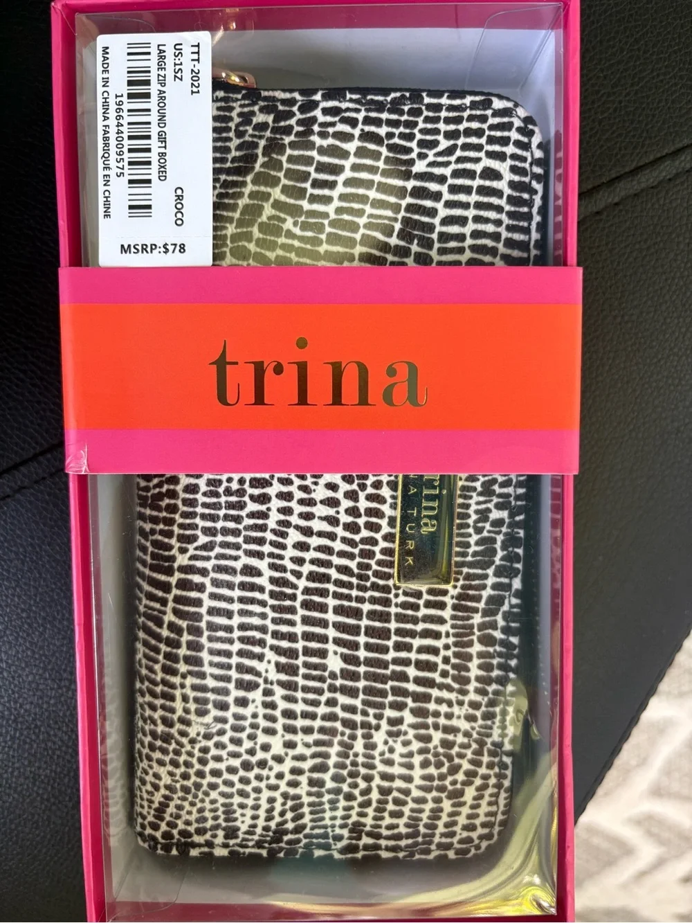 Trina Turk Black & White Textured Zip Wallet with Gold Logo Plaque